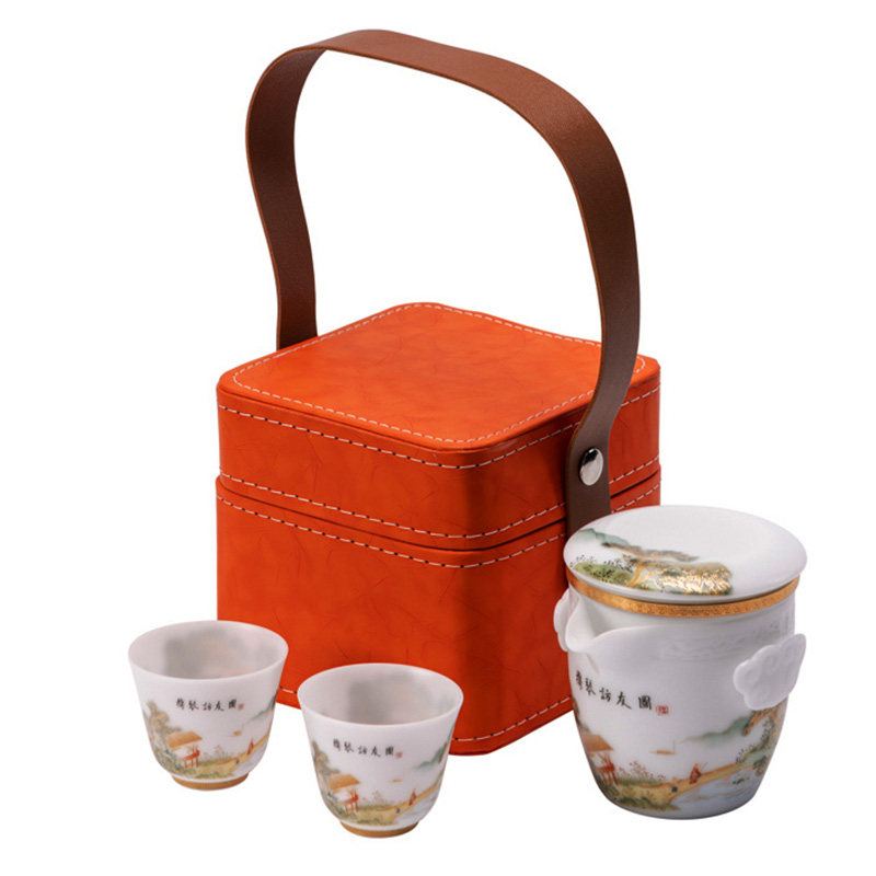 素烧冰种玉瓷旅行茶具堆金白瓷
