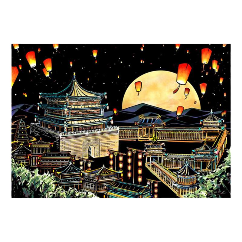 炫彩城市夜景刮刮画刮纸画本刮花画纸手工DIY制作中国风彩沙沙画
