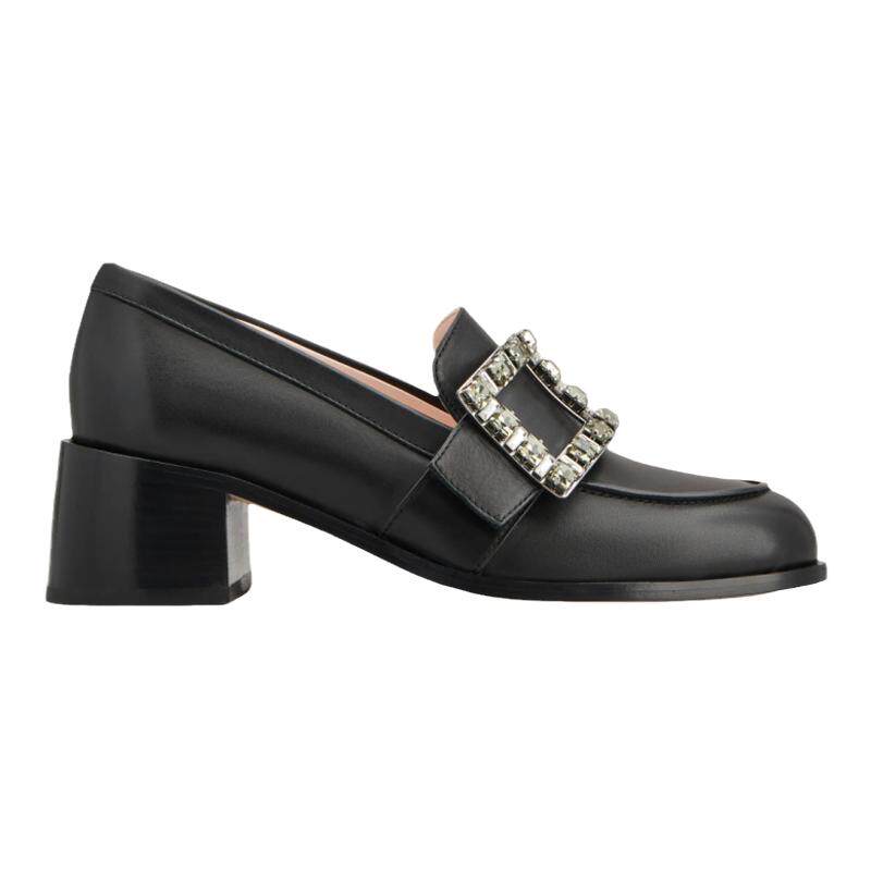 RogerVivier/罗杰维维亚女士莫卡辛鞋小牛皮水晶搭扣坡跟新款
