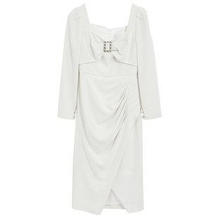 bebe秋冬系列女士气质方领蝴蝶结褶皱连衣裙350026