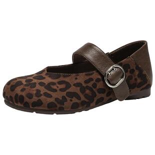 EBLAN/伊伴复古豹纹玛丽珍鞋女2025秋冬新款内增高加绒单鞋芭蕾鞋