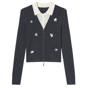 白鹿语 学院风假两件翻领针织衫女 重工钉珠衬衫修身拼接打底衫女