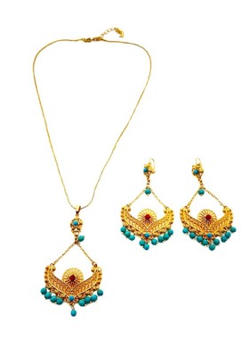 新款精致新疆西藏民族风镶珠镀金项链耳环饰品两件套厂家直销