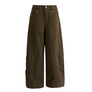 棕咖色复古褶皱设计牛仔裤女舒适宽松长裤春季新款百搭垂感阔腿裤