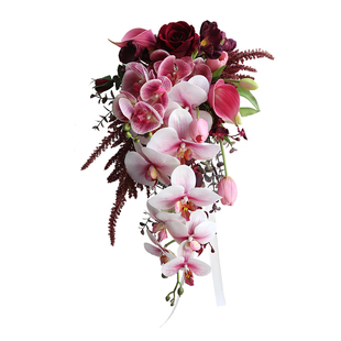 手捧花假花 瀑布水滴款新娘花束 结婚摄影仿真花家居台面摆放桃红