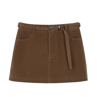 pusumede 配腰带~ 复古卡其色麂皮高腰a字半身裙女直筒包臀短裙