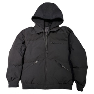 冬季新款工装假两件连帽羽绒服男日系复古短款青年90白鸭绒外套潮