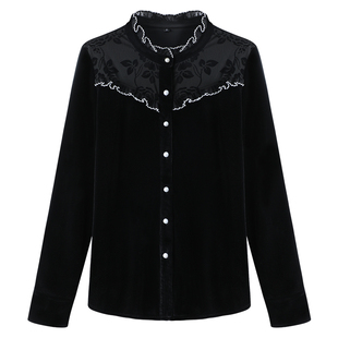 金丝绒打底衫女洋气秋冬设计感小众蕾丝上衣内搭黑色保暖衬衫女冬