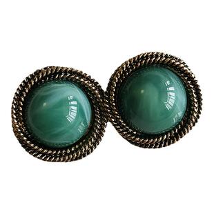 中式复古耳饰绿色圆形港风银针仿玛瑙做旧耳钉气质百搭B075