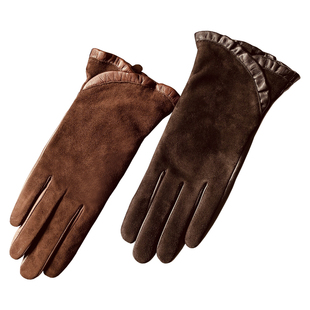 进口反绒羊皮真皮小羊皮手套女冬季触屏加绒保暖开车骑行韩版修手