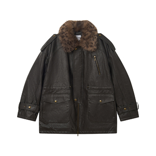 物理少年「冬日锈斑」可拆卸毛领落肩中长款绗棉保暖慵懒PU皮衣