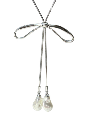 系一份温柔心事～巴洛克珍珠长项链不掉色钛钢毛衣链芭蕾风蝴蝶结