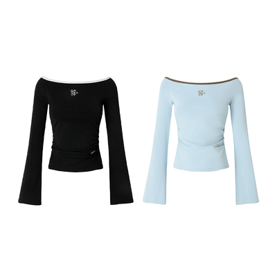 Uena喇叭长袖一字肩T恤