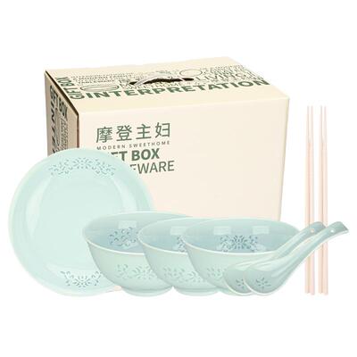 摩登主妇景德镇釉下彩玲珑瓷饭碗