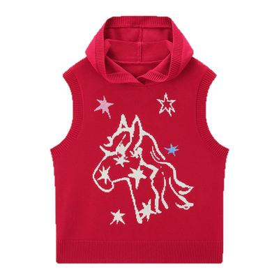 【商场同款】乐町连帽针织背心马年红色星星提花线背心C2EFG1228