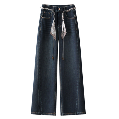 丝巾腰带牛仔阔腿裤女加绒直筒裤