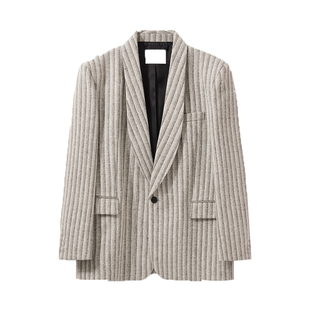 UNICAHOMME/青果领粗纺羊毛廓形吸烟西装设计感外套男士条纹休闲