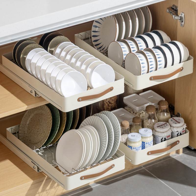厨房抽拉碗碟收纳架橱柜碗架拉篮抽屉式碗盘盘子沥水置物架不锈钢