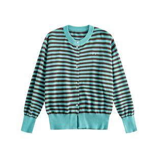 riverstone plus  撞色条纹圆领纽扣毛衣女春季开衫显瘦百搭上衣