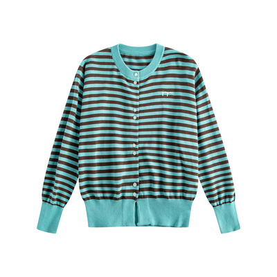 riverstone plus  撞色条纹圆领纽扣毛衣女春季开衫显瘦百搭上衣