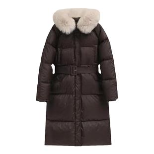 特价 韩国长款羽绒服714 90%白鹅绒带毛领大帽子系腰绳300g充绒