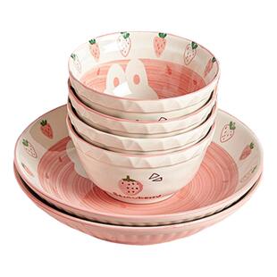 可爱陶瓷碗家用2026新款吃饭碗米饭碗粉色草莓碗盘子碗碟餐具套装