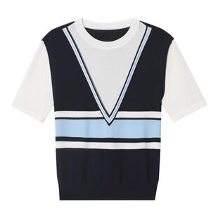 [凉感曲珠]SALT.P可颜圆领假两件学院运动风条纹短袖针织衫夏