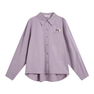 紫涵纯棉紫色长袖衬衫女秋季新款微皱肌理感猫咪刺绣宽松休闲衬衣