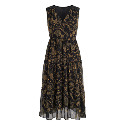 马天奴夏季V领印花收腰连衣裙