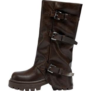 达芙妮棕色靴子女2025新款爆款秋冬长筒靴厚底裤管靴美拉德骑士靴