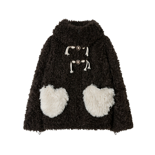 【咩咩探险队】Uena美式复古兔耳朵连帽环保皮草爱心口袋加厚外套