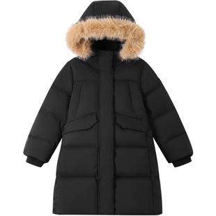 安奈儿童装女童长款羽绒服冬新款户外三防保暖黑色防风加厚外套