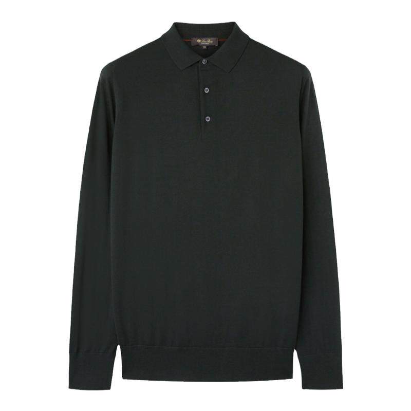 Loro Piana/诺悠翩雅男装黑色长袖细羊毛马球领polo衫
