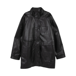 [张元英同款]ROLAROLA春季廓形皮衣复古美式女机车皮夹克外套