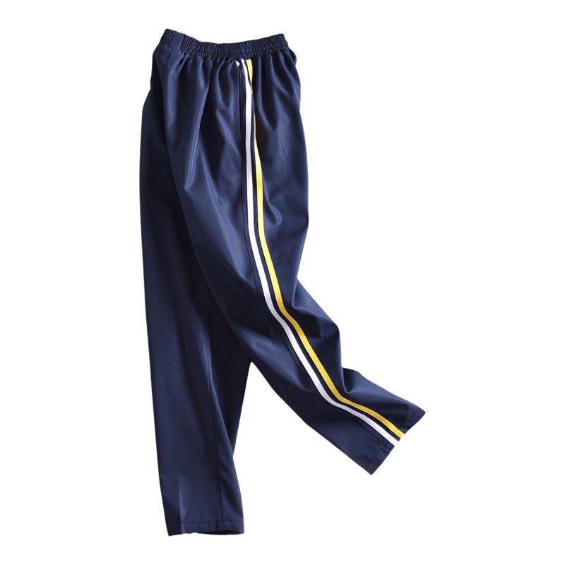 白黄杠带网藏青色涤纶滑校服裤子