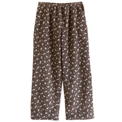 毛绒条纹睡裤女长裤冬季法兰绒加厚珊瑚绒保暖大码可外穿家居裤子