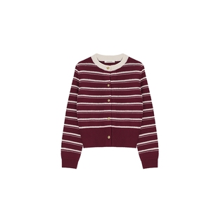 CONCISE-WHITE简白2025秋季新款条纹金扣开衫圆领长袖修身百搭