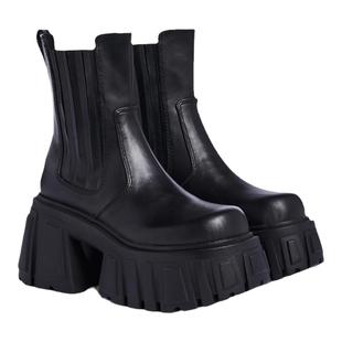 超高粗跟厚底切尔西靴女秋季小个子增高短靴瘦瘦烟筒真皮马丁靴子