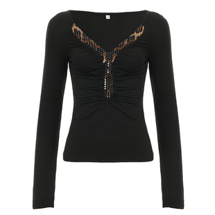 FUNOFF美式复古黑色豹纹亮片V领低胸长袖打底衫性感修身收腰T上衣