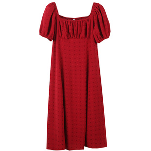 胖仙女莹莹大码女装胖mm夏季法式肌理感甜美一字肩显瘦红色连衣裙