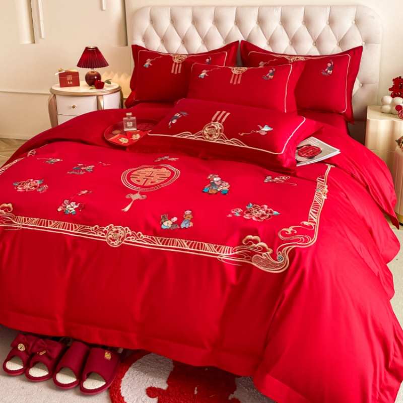高档中式百子图结婚四件套大红色床单被套纯棉新婚庆床上用品婚房
