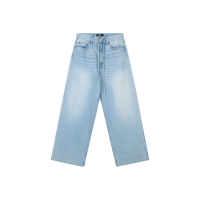全棉水洗浅蓝色系带牛仔裤