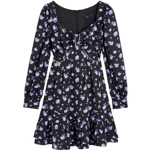 【玫瑰印花】bebe春夏系列女士链条缀饰伞状裙摆连衣裙150008