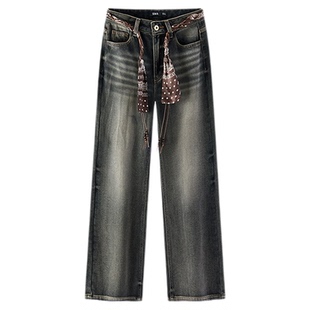 森马牛仔裤女冬腰带抓绒宽松喇叭裤做旧2025新款高街港风街头长裤