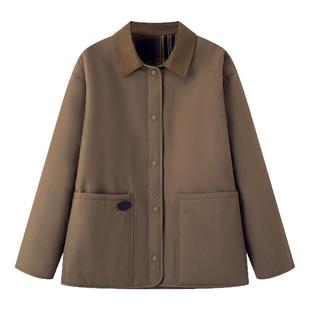 画风drawwind冬季拼色格子绒加厚棉衣外套女宽松翻领棉服2025新款