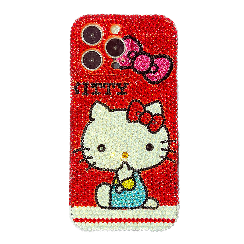 适用苹果14奢华水钻手机壳iPhone15Promax防摔12红色KT猫13Promax硅胶卡通15Pro镶钻保护套14