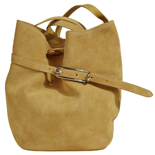 【EZRO】一作 褶皱小众设计真皮黄色软牛皮麂皮单肩包斜挎水桶包