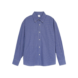 蓝白翻领日系高级感长袖格子衬衫男生2026新款秋季休闲宽松外套