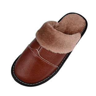 纯牛皮居家皮拖鞋冬季男女情侣室内防滑耐磨加绒保暖家用棉拖鞋