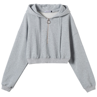 高腰春秋韩版宽松短款卫衣女流行红色帽子上衣春季2026外套春装潮